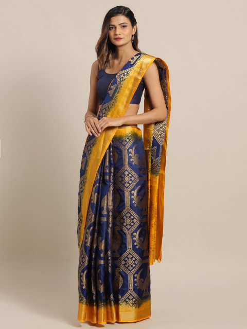

Mitera Navy Blue & Golden Silk Blend Woven Design Saree