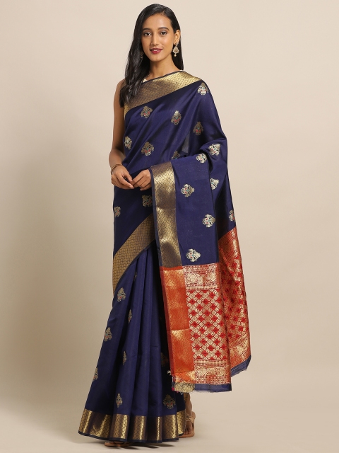 

Mitera Navy Blue & Red Silk Blend Woven Design Saree