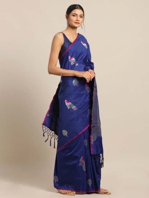 

Mitera Navy Blue & Silver-Toned Silk Blend Woven Design Saree