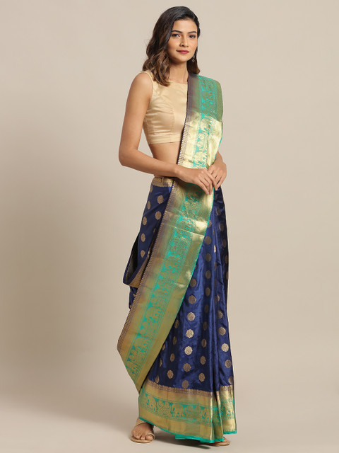 

Mitera Navy Blue & Green Silk Blend Woven Design Saree