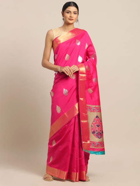 

Mitera Pink & Golden Silk Blend Woven Design Saree