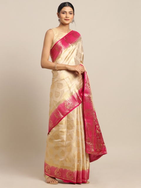 

Mitera Beige & Pink Silk Blend Woven Design Saree