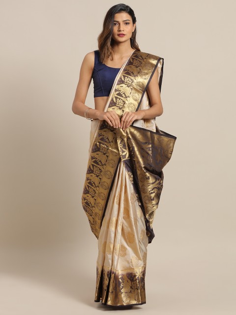 

Mitera Cream-Coloured & Golden Silk Blend Woven Design Saree