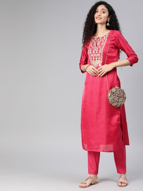 

Inddus Women Magenta Pink Gotta Patti Embroidered Kurta with Trousers