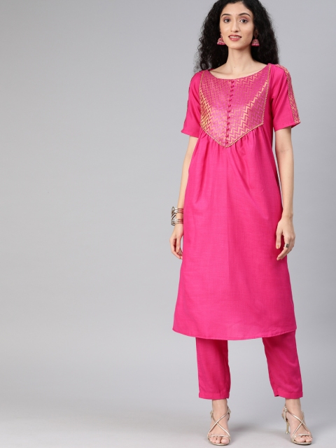 

Inddus Women Pink & Gold-Coloured Yoke Design Kurta with Trousers