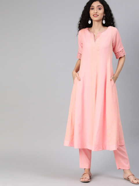 

Inddus Women Pink Self Design Panelled A-line Kurta with Trousers
