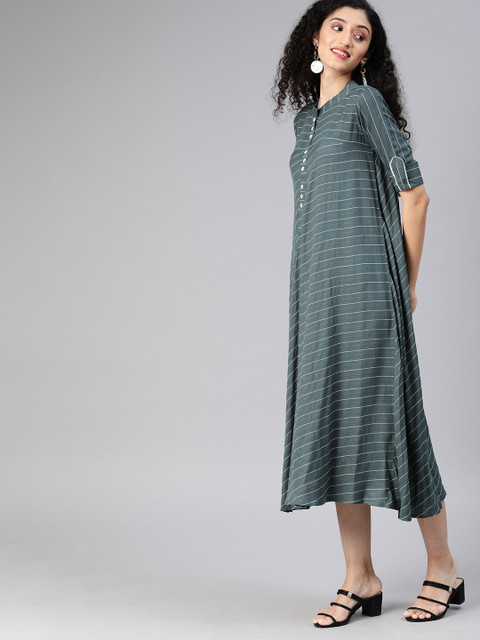 

Inddus Women Charcoal Grey & White Striped A-Line Dress