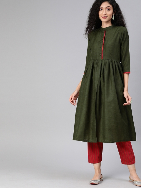 

Inddus Women Olive Green Solid Kurta with Red Striped Cropped Trousers