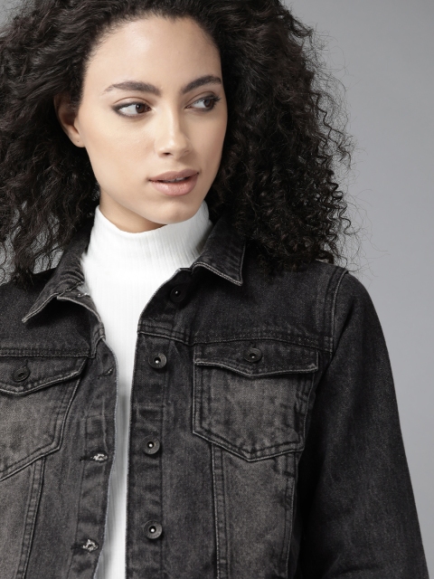

Roadster Women Black Washed Crop Denim Jacket
