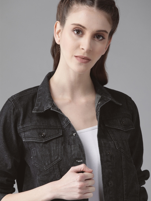 

Roadster Women Charcoal Grey Pure Cotton Solid Crop Denim Jacket