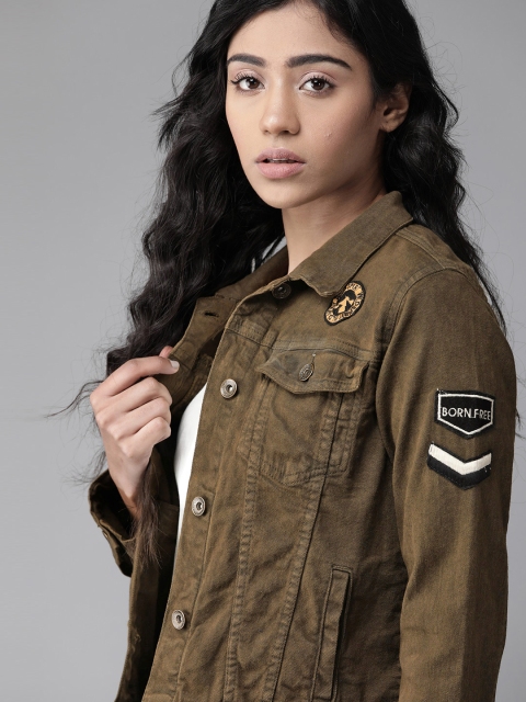 

Roadster Women Olive Green Solid Denim Jacket