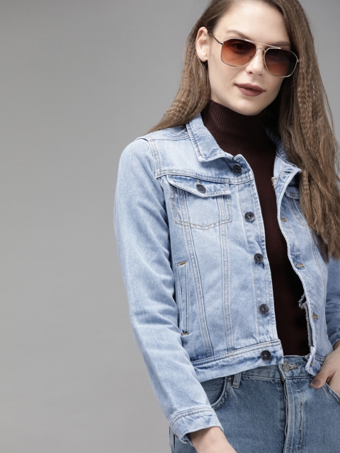 

Roadster Women Blue Washed Antiviral Protective Finish Denim Trucker Jacket