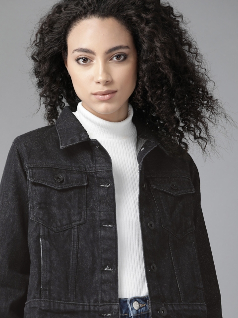 

Roadster Women Black Solid Cropped Denim Jacket