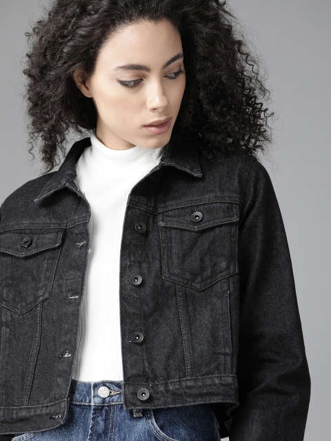 

Roadster Women Black Solid Cropped Denim Jacket