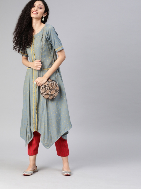 

Inddus Women Blue & Mustard Yellow Woven Design A-Line Kurta