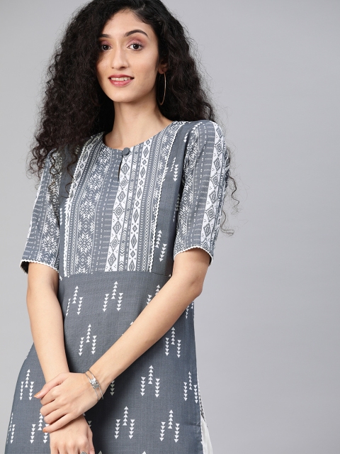 

Inddus Women Grey & White Printed Straight Kurta
