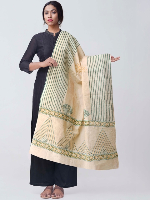 

Unnati Silks Cream-Coloured & Green Block Printed Pure Andhra Cotton Sustainable Dupatta