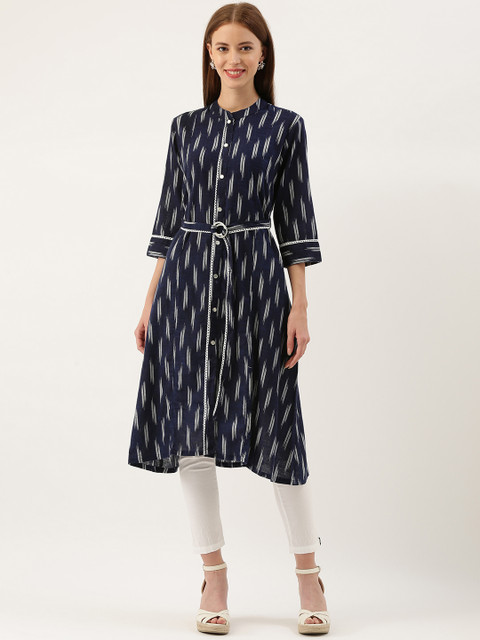

FABRIC FITOOR Women Navy Blue & White Printed A-Line Kurta with Belt
