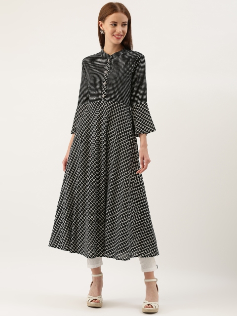 

FABRIC FITOOR Women Black & White Checked A-Line Kurta