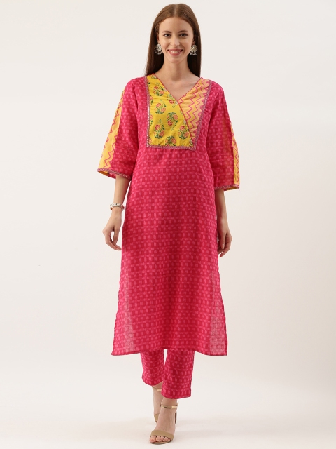 

FABRIC FITOOR Women Pink & Yellow Yoke Design Kurta with Trousers