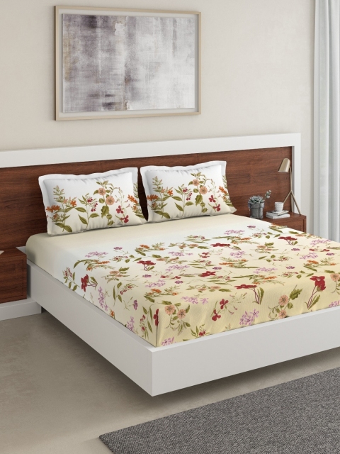 

DDecor Yellow Floral 140 TC Cotton 1 King Bedsheet with 2 Pillow Covers