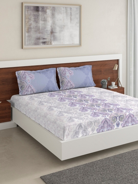 

DDecor Lavender & White Ethnic Motifs 140 TC Cotton 1 King Bedsheet with 2 Pillow Covers