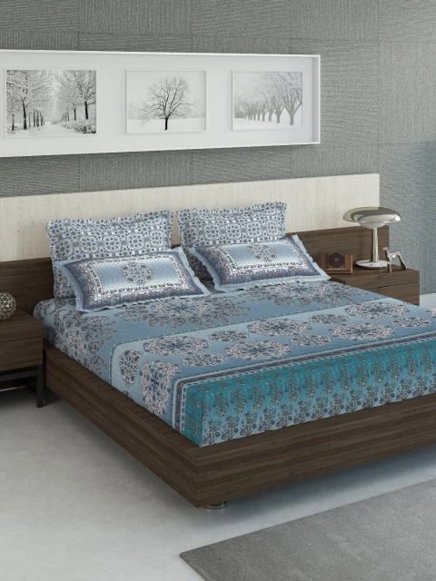 

DDecor Blue Ethnic Motifs 210 TC Cotton 1 King Bedsheet with 4 Pillow Covers