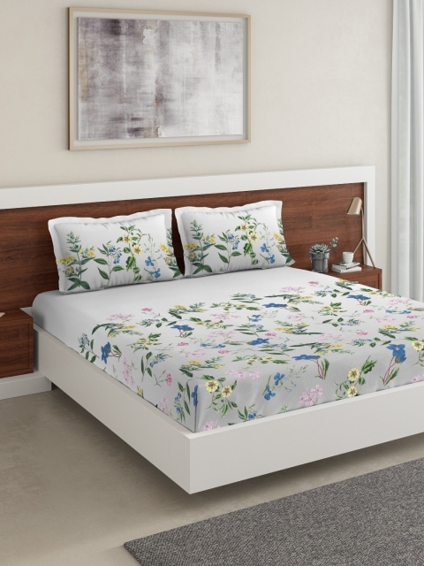 

DDecor Grey & Blue Floral 140 TC Cotton 1 King Bedsheet with 2 Pillow Covers