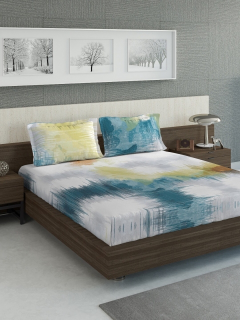 

DDecor White & Blue Abstract 300 TC Cotton 1 King Bedsheet with 2 Pillow Covers