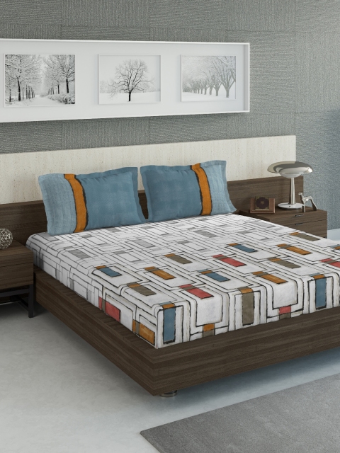 

DDecor White & Blue Geometric 210 TC Cotton 1 King Bedsheet with 2 Pillow Covers