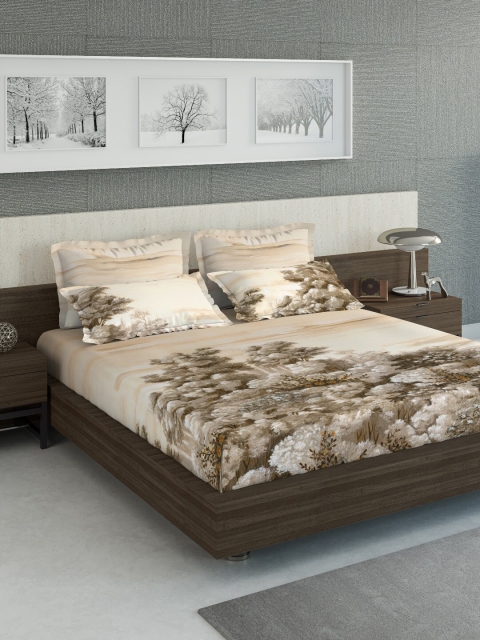 DDecor Beige Floral 300 TC Cotton 1 King Bedsheet with 4 Pillow Covers