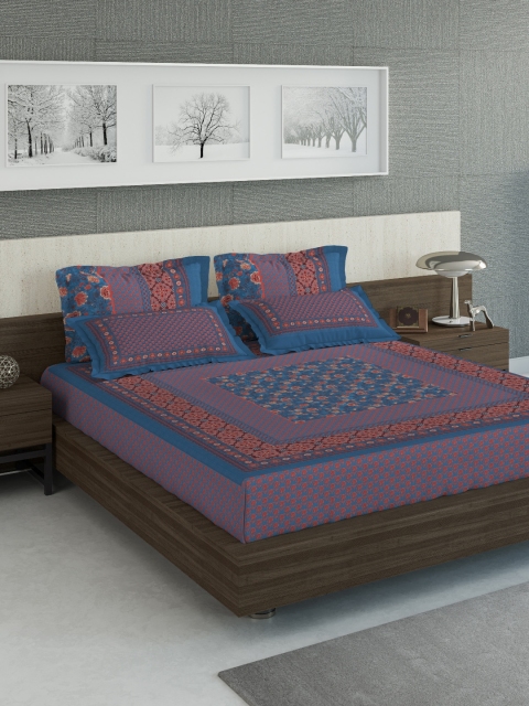 

DDecor Blue & Orange Ethnic Motifs 210 TC Cotton 1 King Bedsheet with 4 Pillow Covers