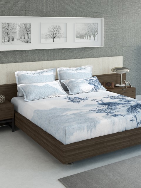 

DDecor White & Blue Graphic 300 TC Cotton 1 King Bedsheet with 4 Pillow Covers