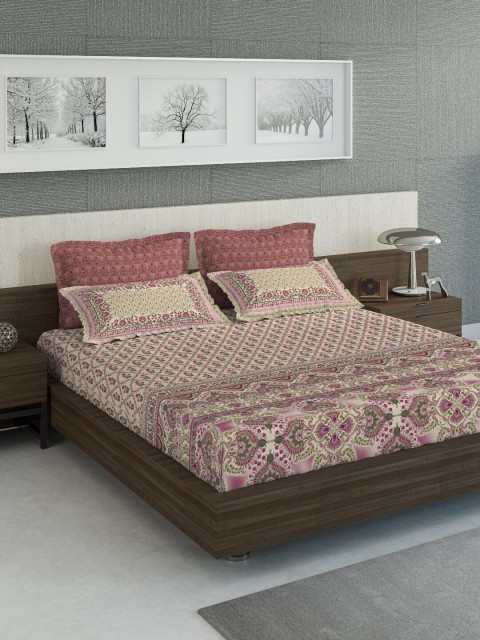 

DDecor Pink & Beige Ethnic Motifs 210 TC Cotton 1 King Bedsheet with 4 Pillow Covers