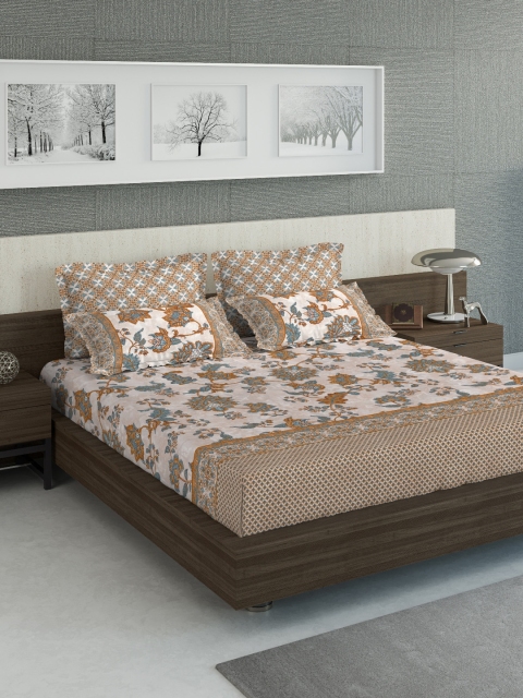 

DDecor Beige & Mustard Brown Floral 210 TC Cotton 1 King Bedsheet with 4 Pillow Covers