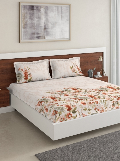 

DDecor White & Orange Floral 150 TC Cotton 1 King Bedsheet with 2 Pillow Covers