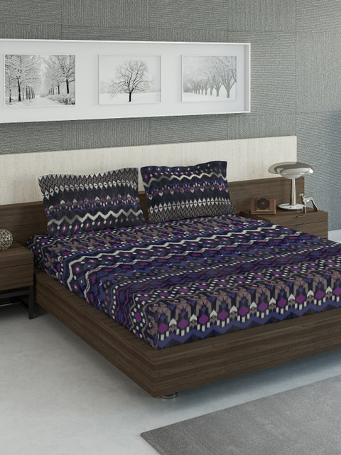 

DDecor Purple & White Ethnic Motifs 140 TC Cotton 1 Queen Bedsheet with 2 Pillow Covers