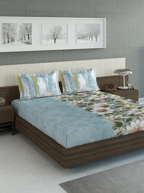 

DDecor Teal Blue & Olive Green Floral 210 TC Cotton 1 King Bedsheet with 2 Pillow Covers
