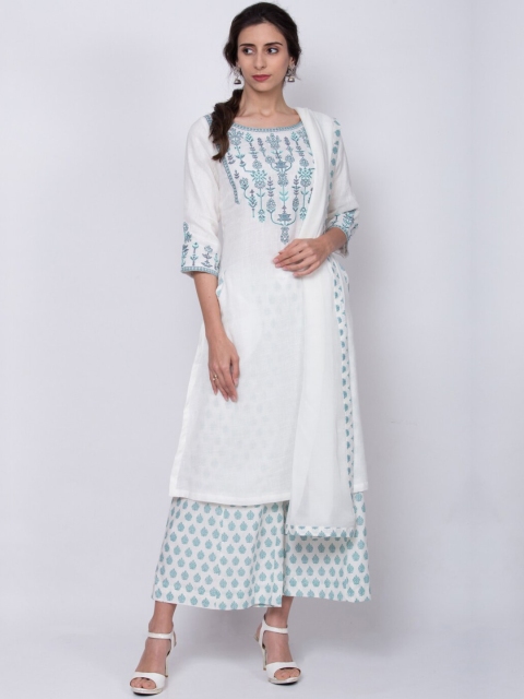 

Biba Women Off-White Printed Kurta with Palazzos & Dupatta