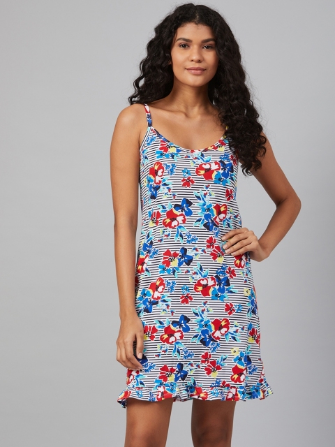 

Marks & Spencer White & Blue Striped With Floral Printed A-Line Nightdress