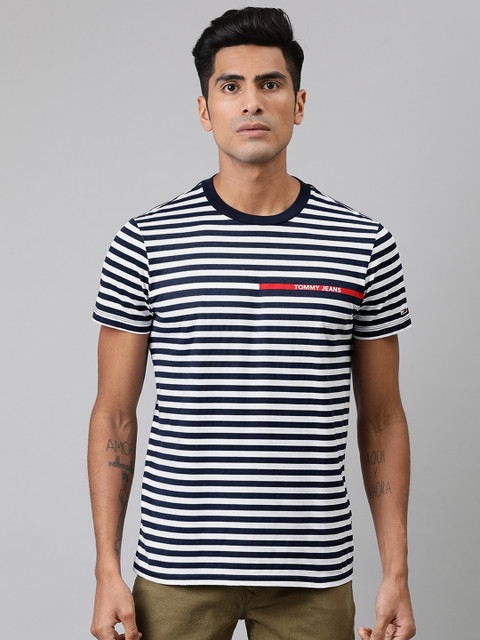 

Tommy Hilfiger Men Navy Blue & White Striped Slim Fit Round Neck T-shirt