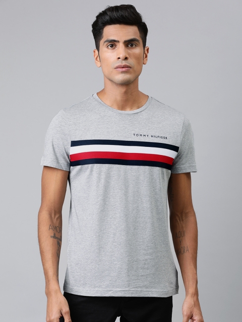

Tommy Hilfiger Men Grey & Navy Blue Striped Round Neck T-shirt