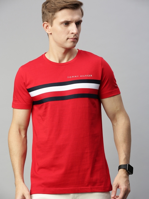 

Tommy Hilfiger Men Red & White Striped Round Neck T-shirt