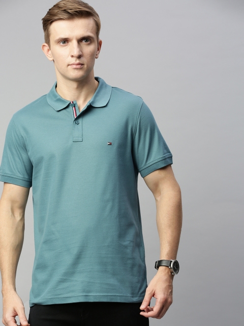

Tommy Hilfiger Men Teal Blue Solid Slim Fit Polo Collar T-shirt