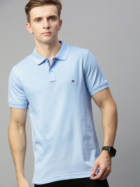 

Tommy Hilfiger Men Blue Solid Slim Fit Polo Collar Pure Cotton T-shirt