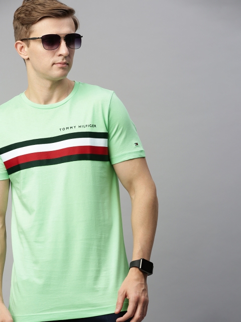 

Tommy Hilfiger Men Green & Navy Blue Striped Round Neck T-shirt