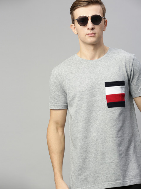 

Tommy Hilfiger Men Grey Solid Round Neck T-shirt with Contrast Pocket