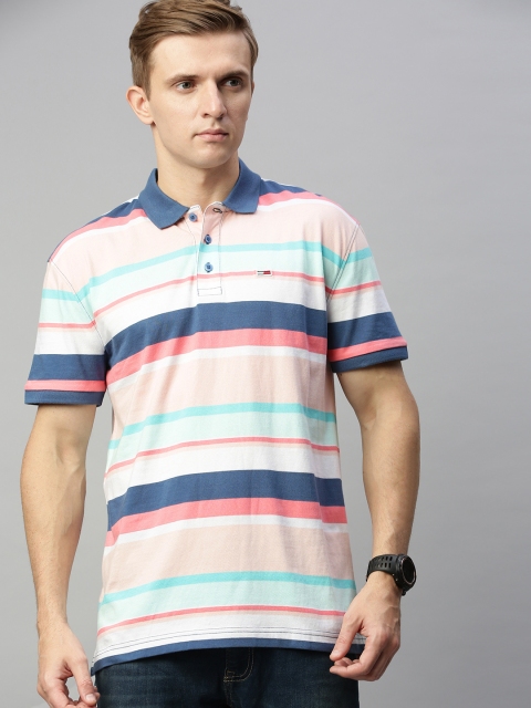 

Tommy Hilfiger Men White & Blue Striped Polo Collar T-shirt