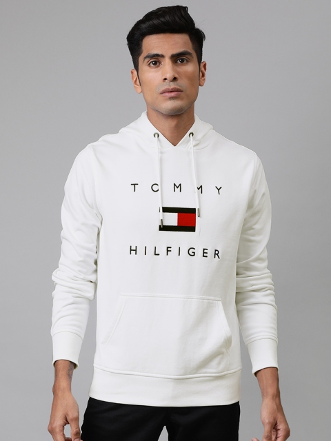 

Tommy Hilfiger Men White Brand Logo Embroidered Hooded Pullover Sweatshirt