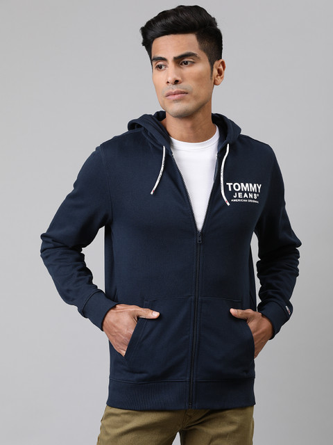 

Tommy Hilfiger Men Navy Blue Solid Hooded Open-Front Sweatshirt With Printed Detailing